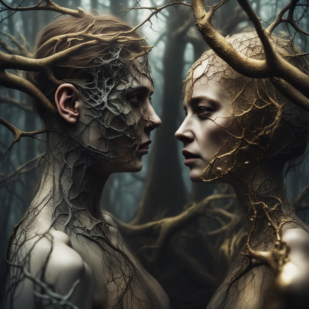 Two Figures in a Gothic Forest, Shrouded in Mist and Mystery