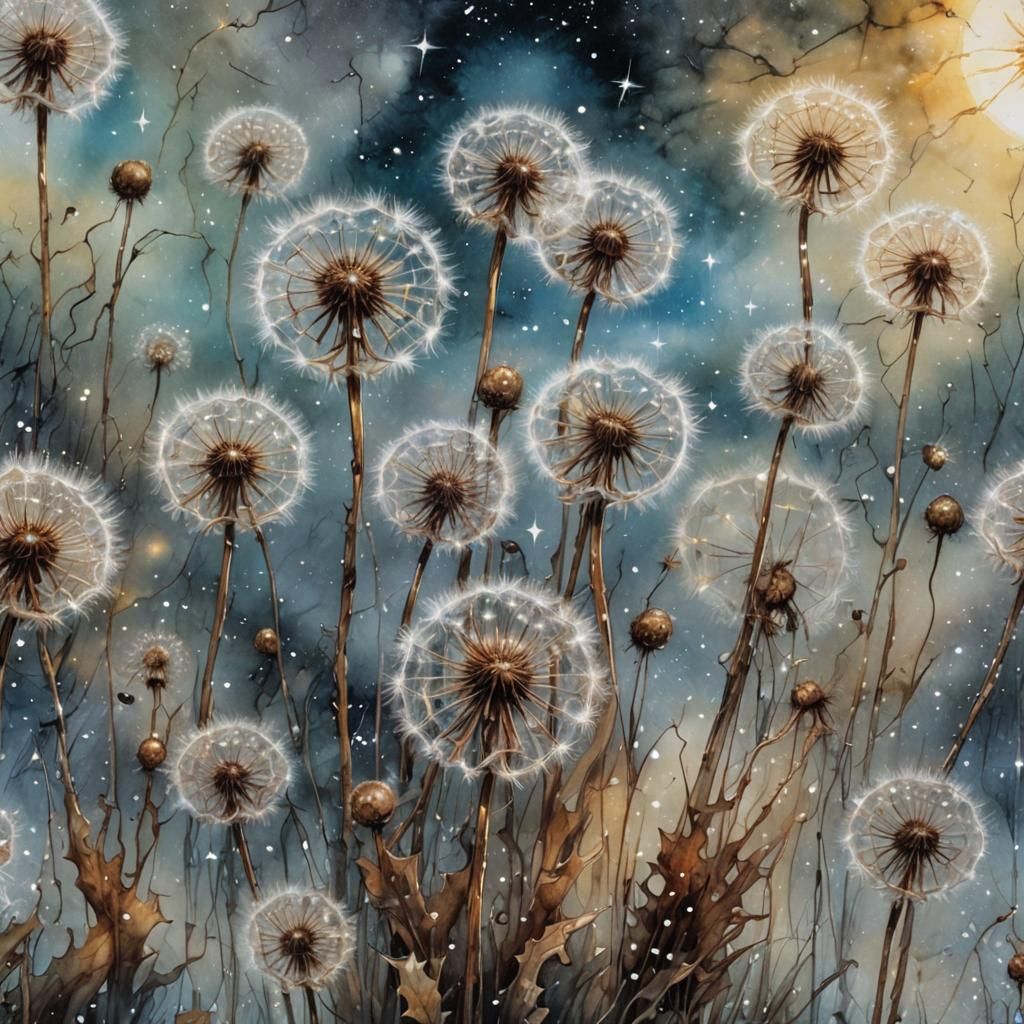 Crystalline Dandelions in Starlight Meadow Art