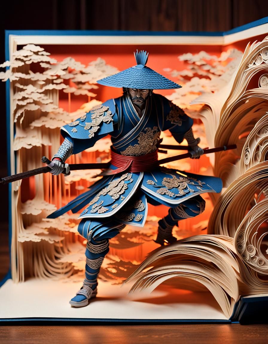 Samurai Leaping from Paper Pop-Up Book