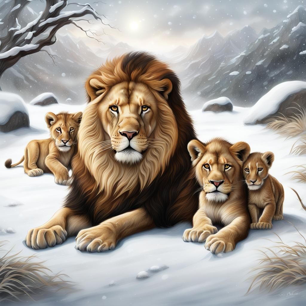 Lion Family Scene in Snowy Environment