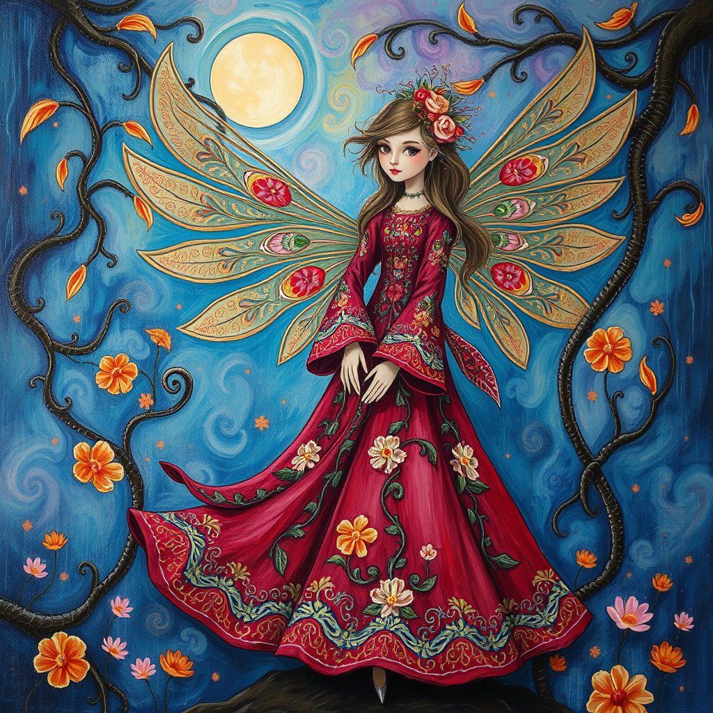Whimsical Fairy in Russian Dress as Impasto Painting
