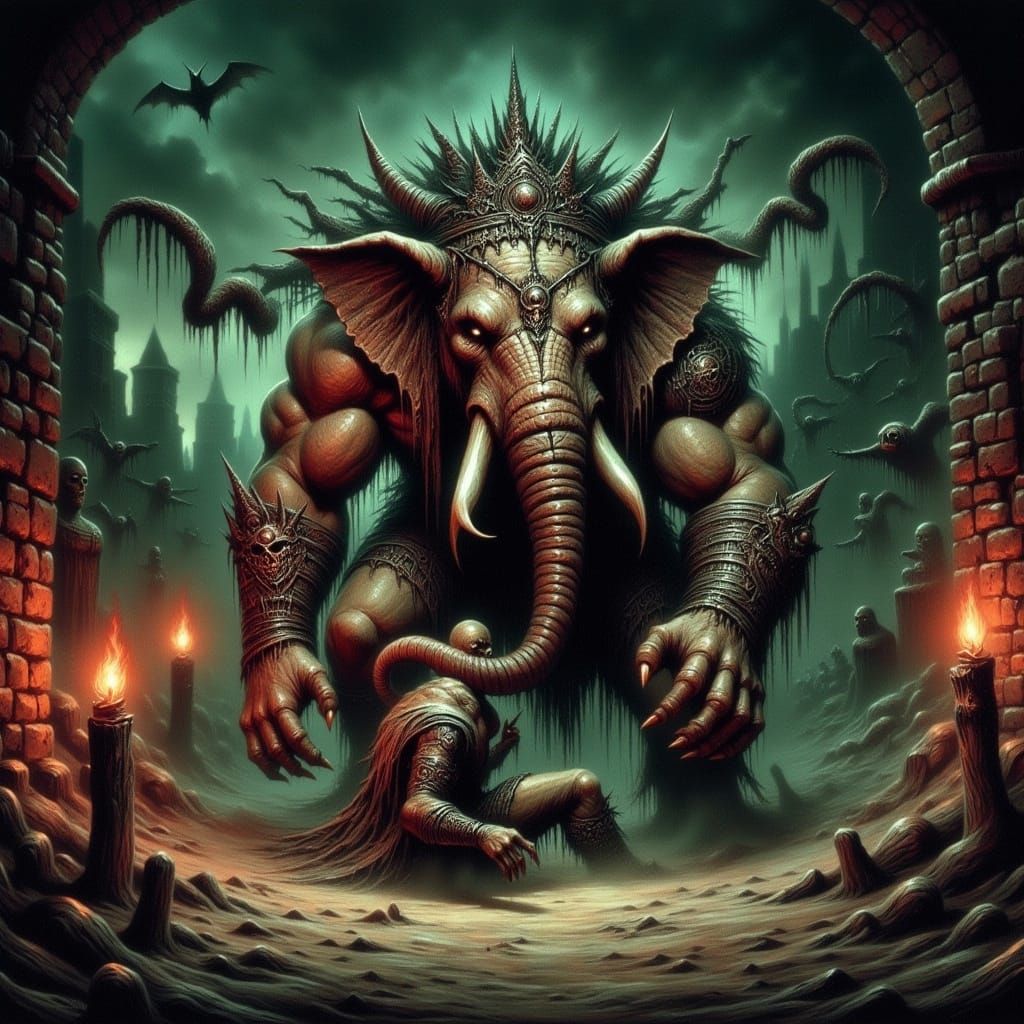 Loxodon Barbarian Wrestles in Dark Fantasy Arena