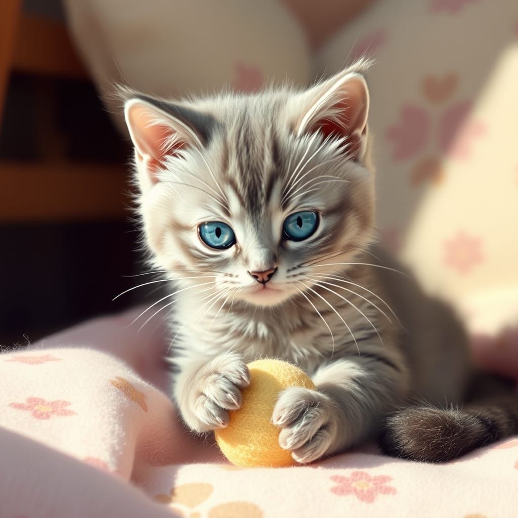 Cute Grey Kitten Plays with Ball in Cozy Corner