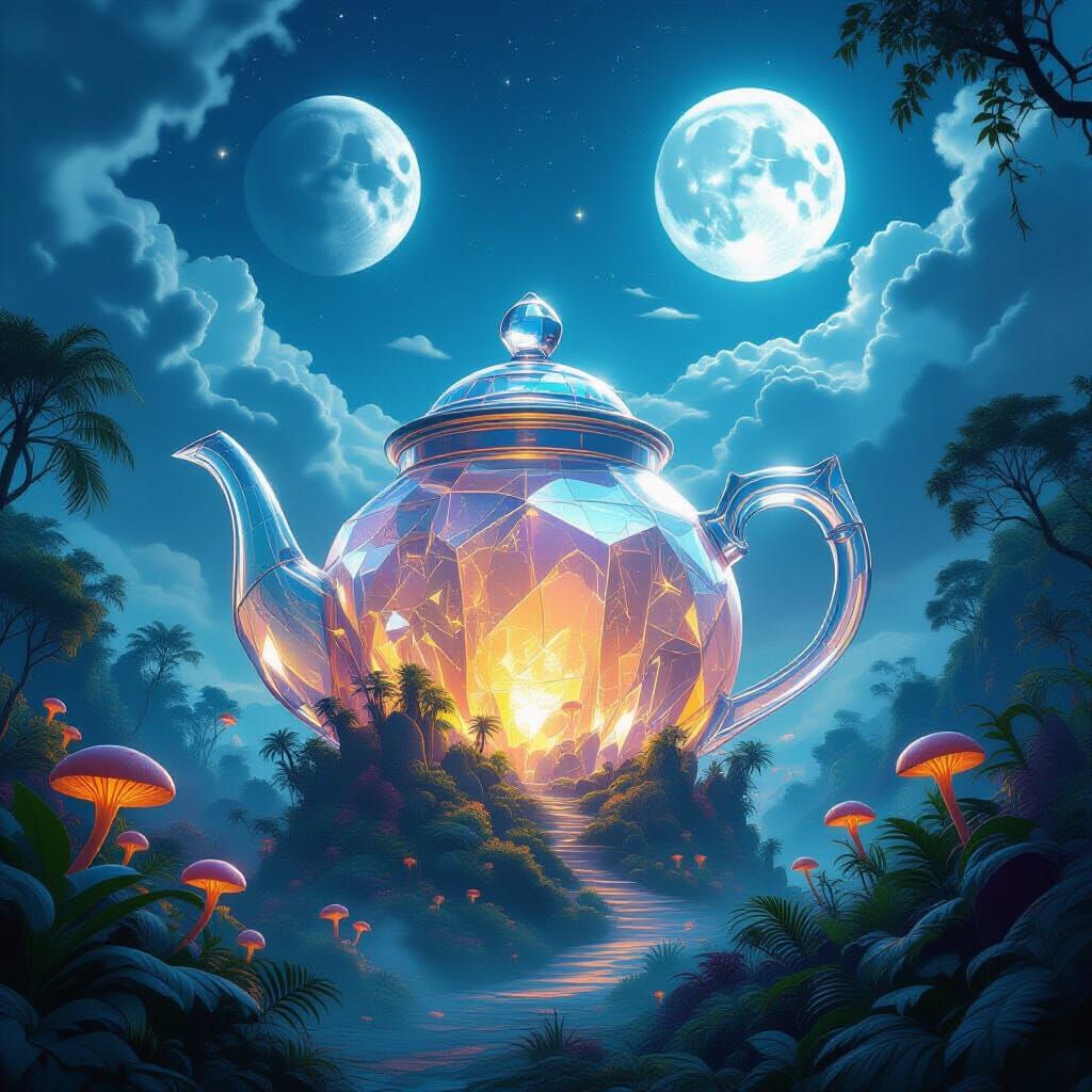 Alien Teapot Structure in Crystal Jungle Under Twin Moons
