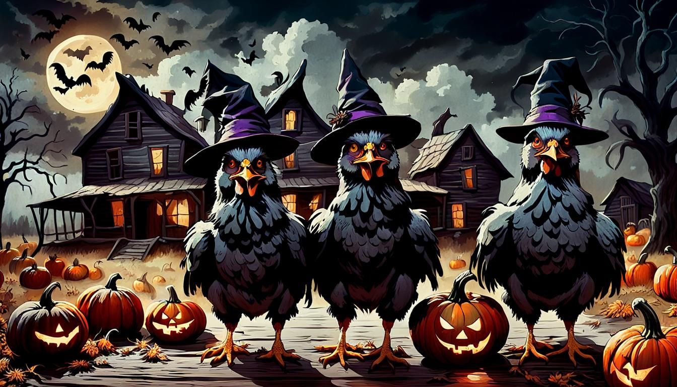 Whimsical Halloween Chickens in Dark Fantasy Style
