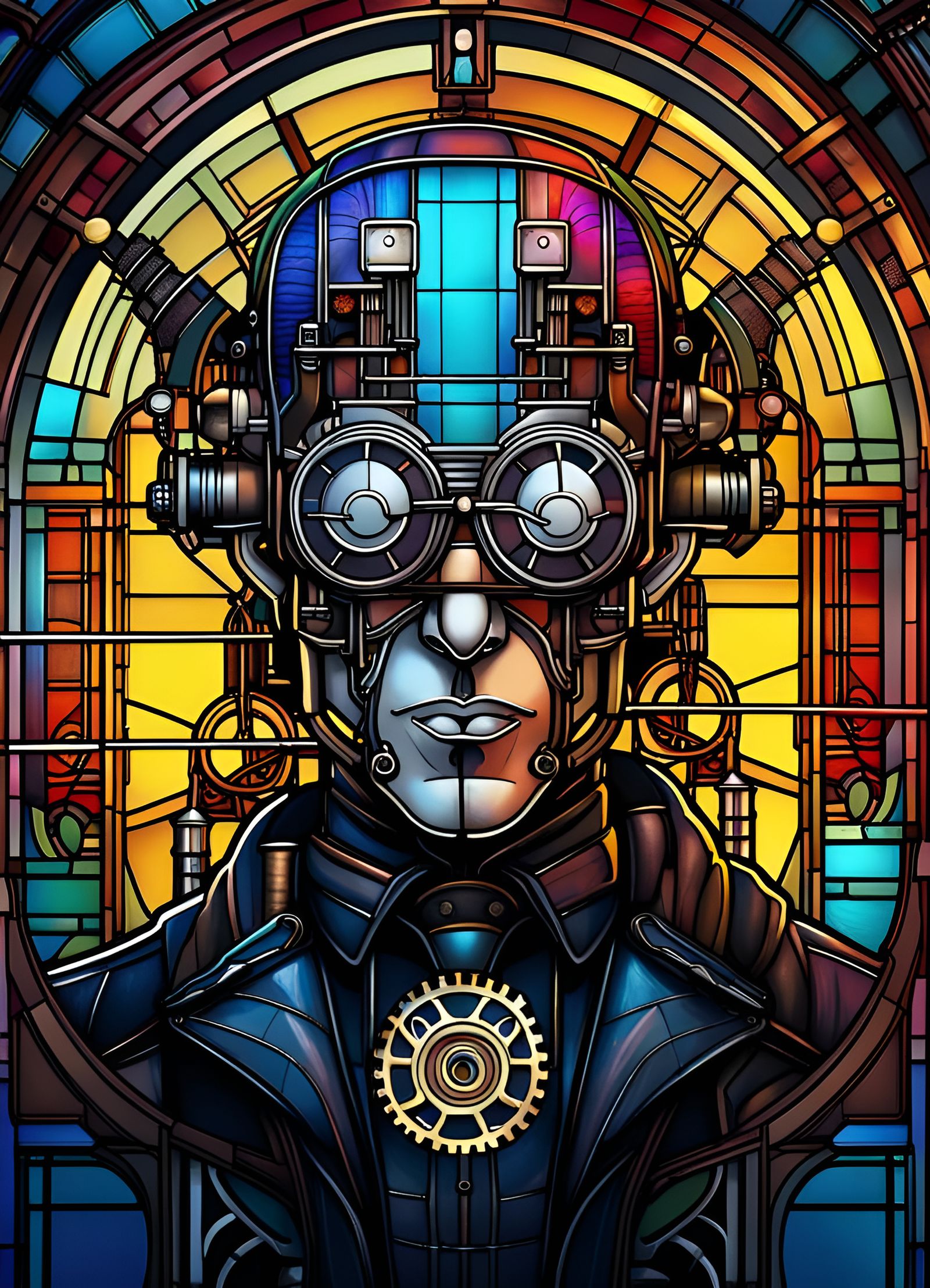Cyberpunk Man: Bauhaus Poster with Stained Glass