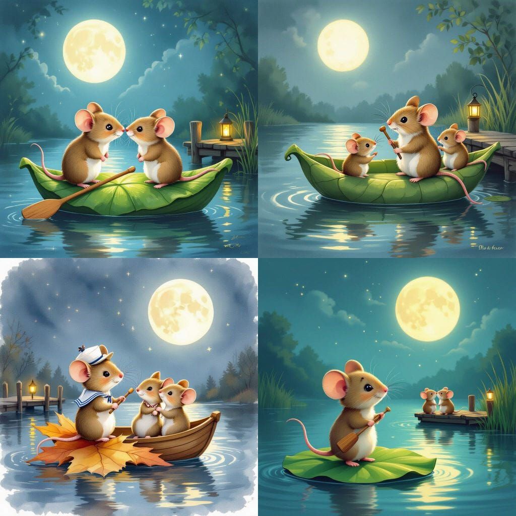 Romantic Mouse Couple on Leaf Boat Under Moonlight