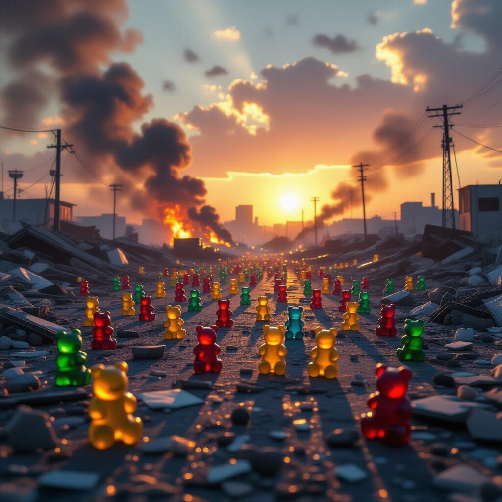 Surreal Gummy Bears in a Chaotic War Zone