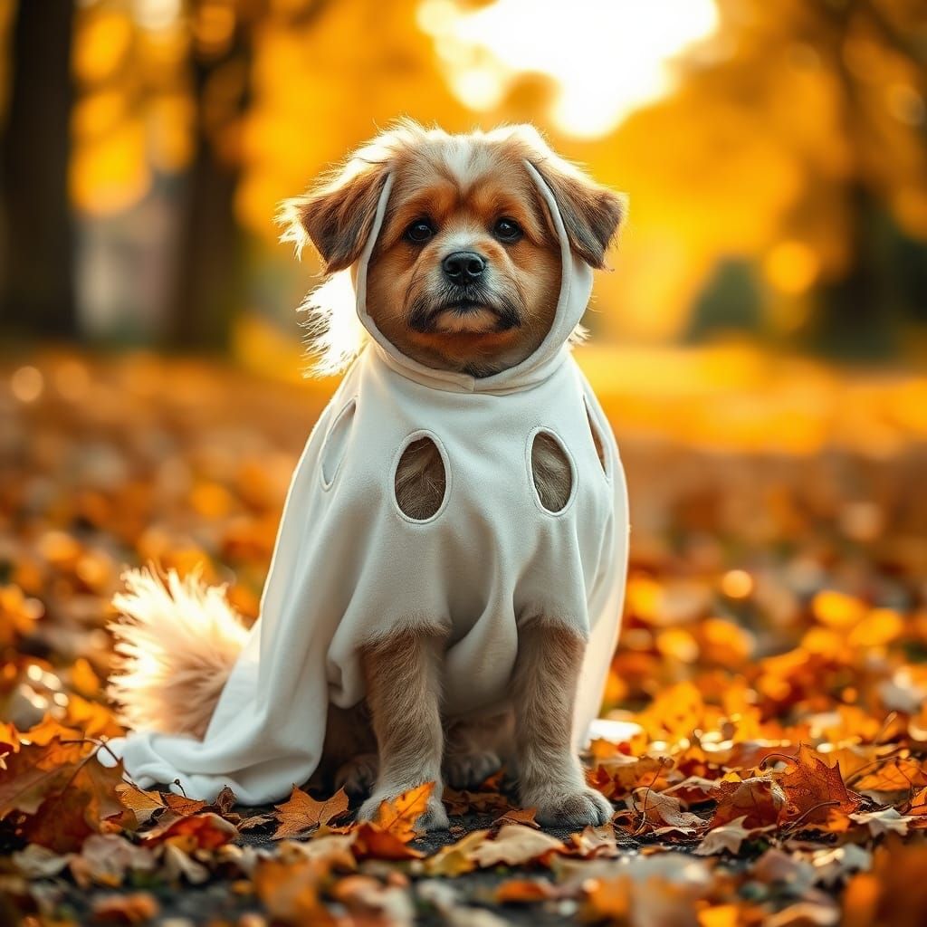 Dog in Ghost Costume in Autumn Leaves