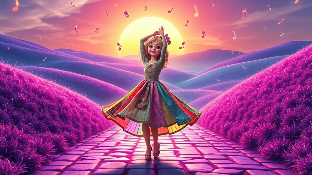 Patchwork Doll Twirling in Neon Landscape, Surreal Style