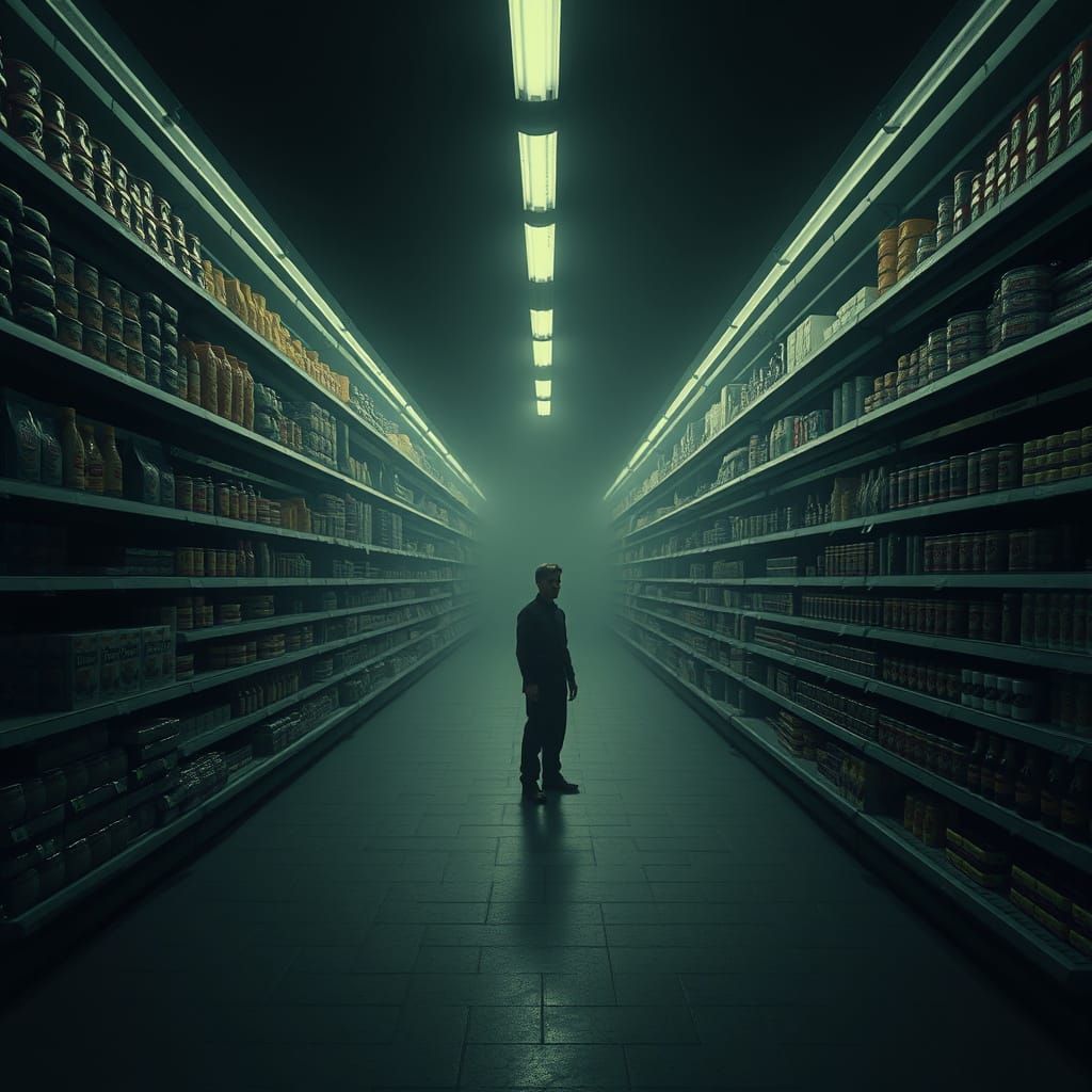 Ethereal Grocery Store Aisle in a Haunting, High-Contrast St...