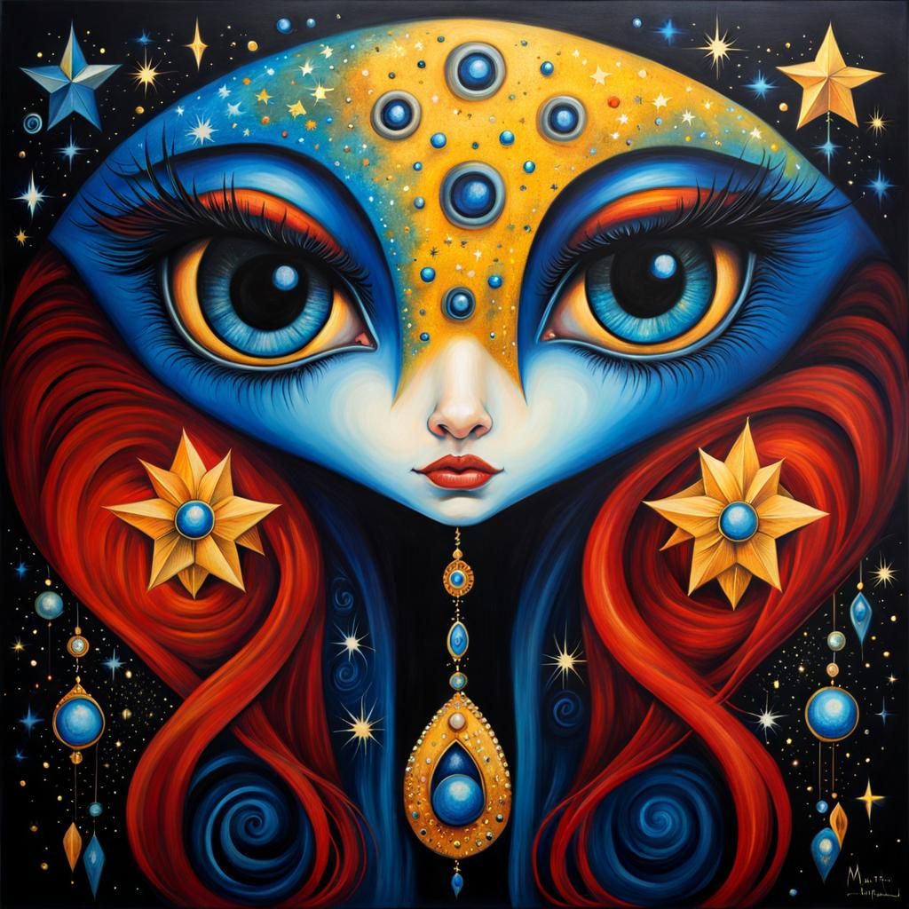 Whimsical Star Girl Portrait in Klimt Style