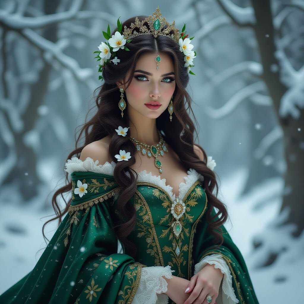 Regal Forest Queen in Snow-Laden Woods