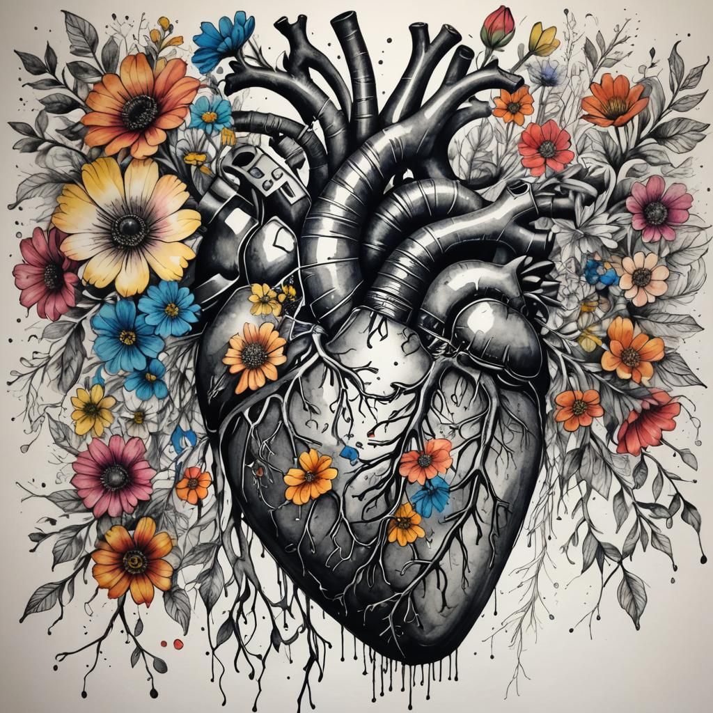 Detailed Heart Ink Sketch with Watercolor Flowers