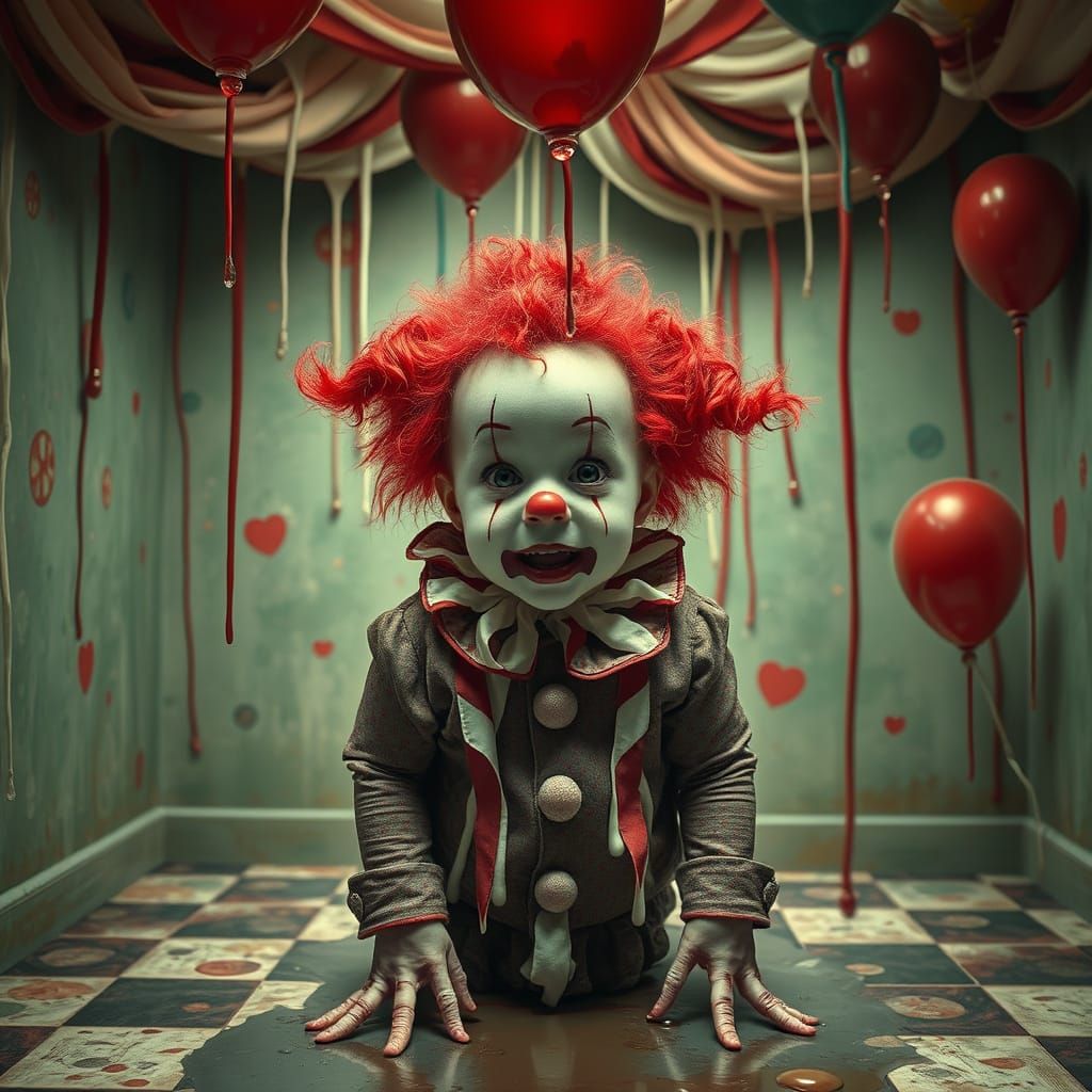 Surreal Dripping World Child in Whimsical Clown Environment