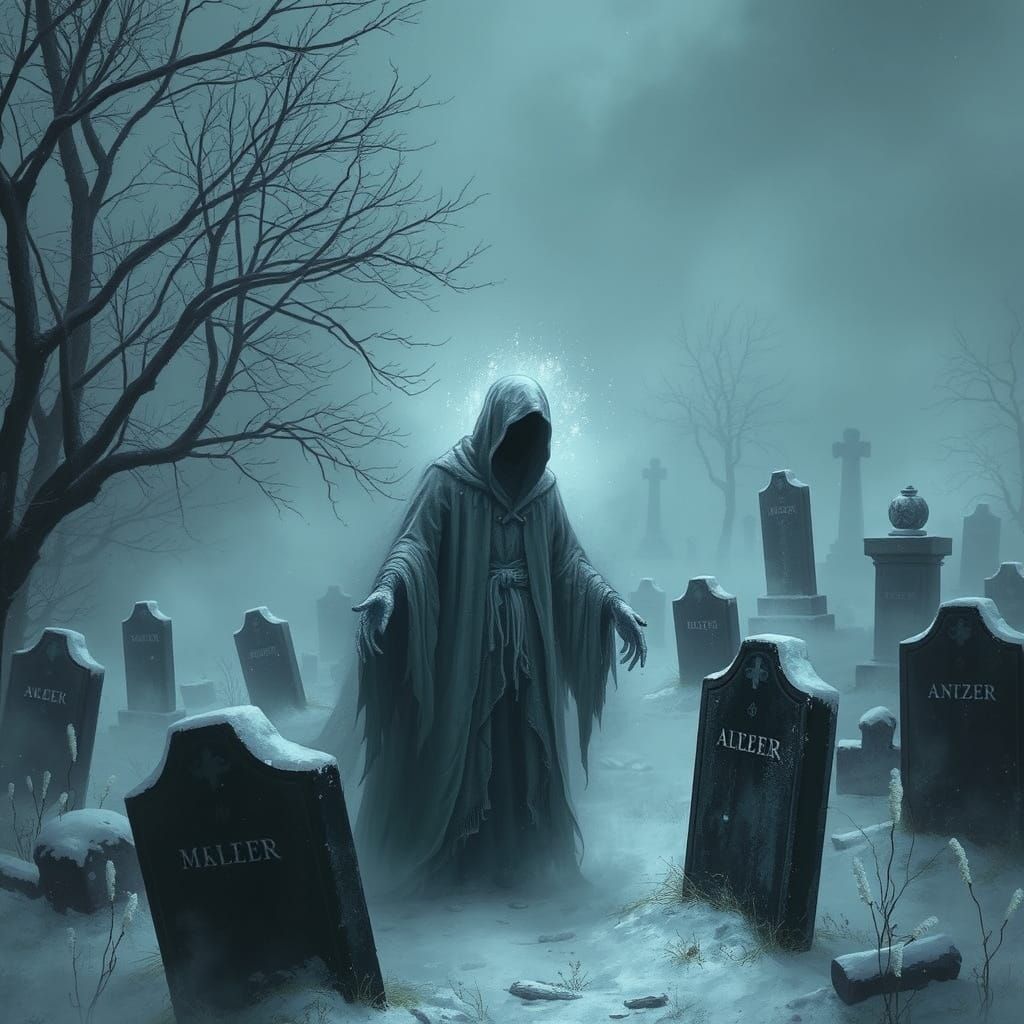 Ethereal Spirit Haunts Winter Cemetery: Gothic Fantasy