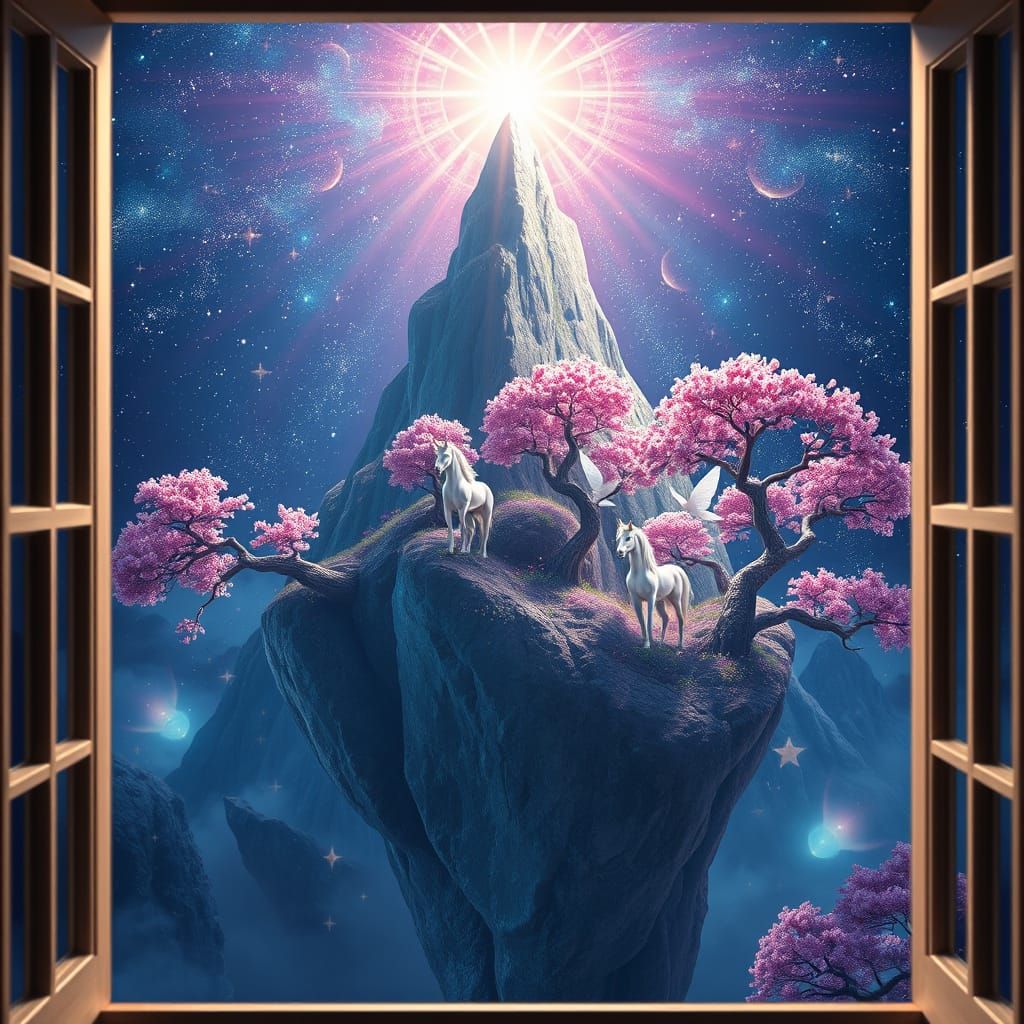 Celestial Mountain with Jewel Trees and Unicorns in 3D Anime...