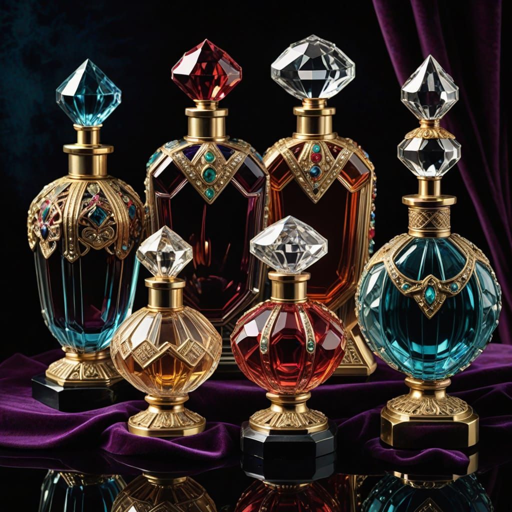 Art Deco Perfume Bottles With Gems in Rich Jewel Tones