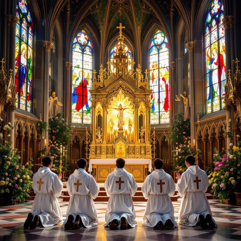 Monks Praying in Gothic Cathedral with Glorious Light