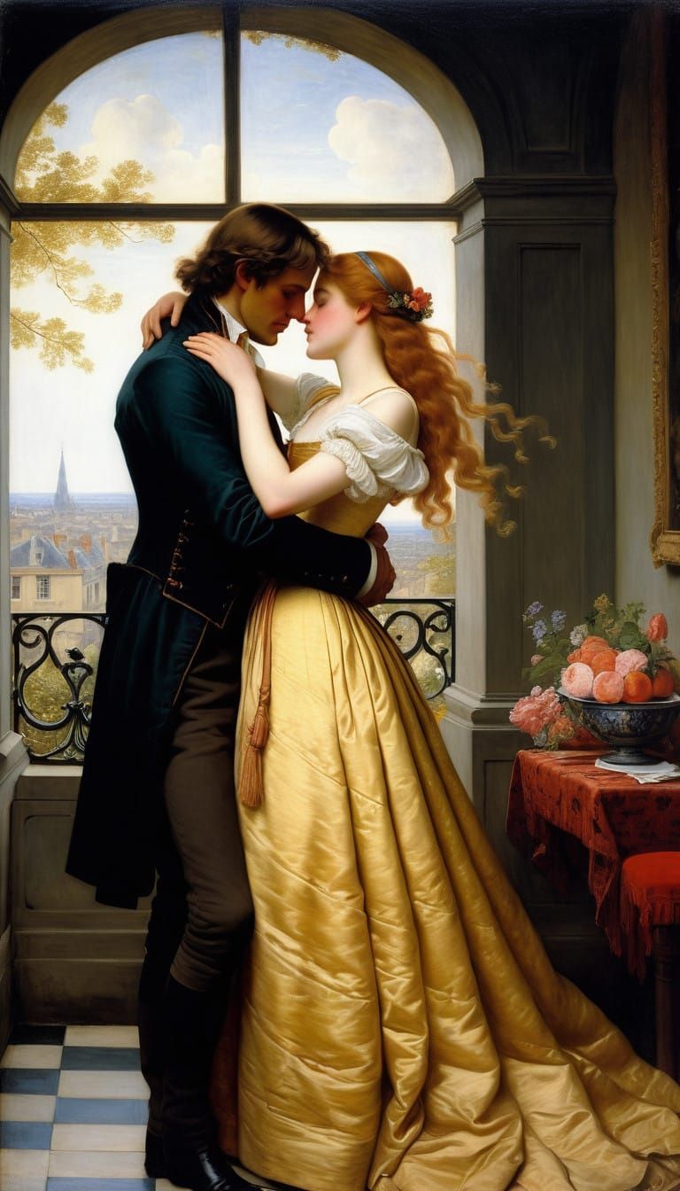 Romantic Figurative Painting of a Sentimental Kiss