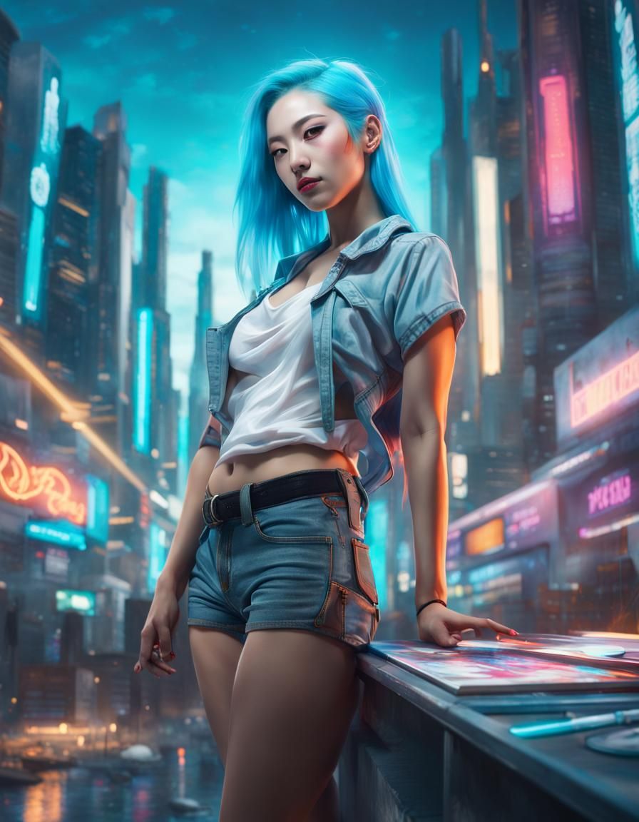 Painter Kitsune Girl in a Futuristic Cyberpunk City