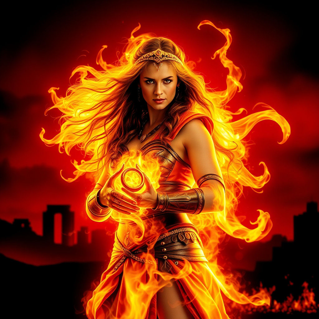 Fiery Xena: High-Contrast Flame Portrait