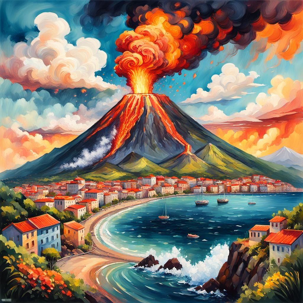 watercolor using the Photobashing Technique, a mountain volcano exploding into the sky, below a cliff side city and the ...