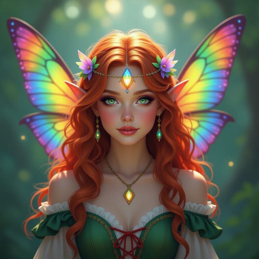Bohemian Faerie With Rainbow Wings and Luminous Gem