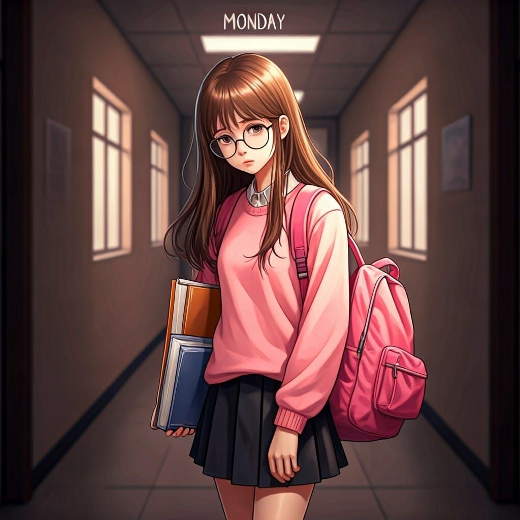 Tired Schoolgirl 'Monday' in Realistic Art Style