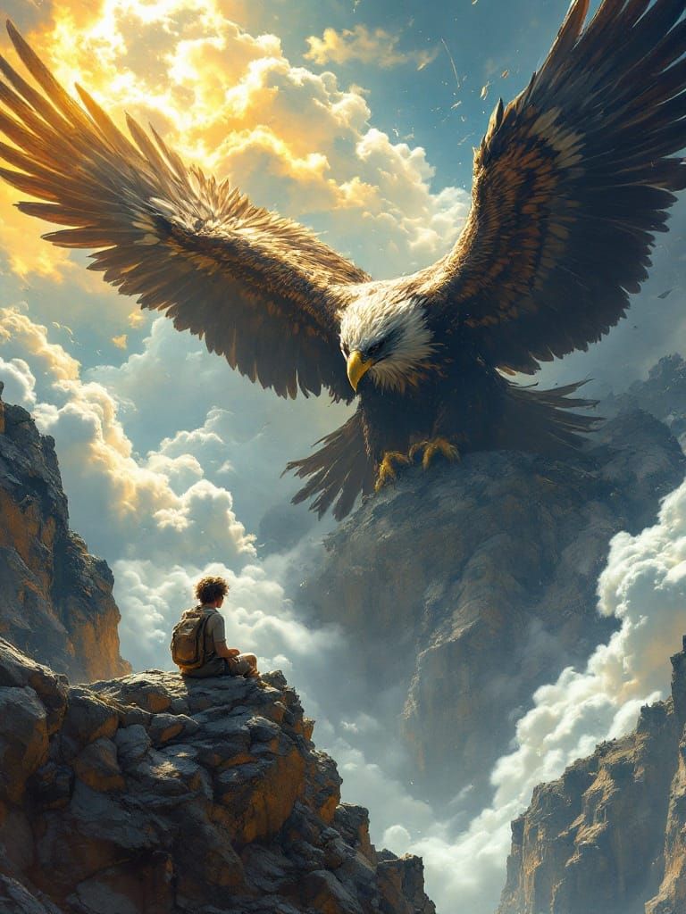 Shepherd Boy and Giant Eagle Overlook Vast Chasm