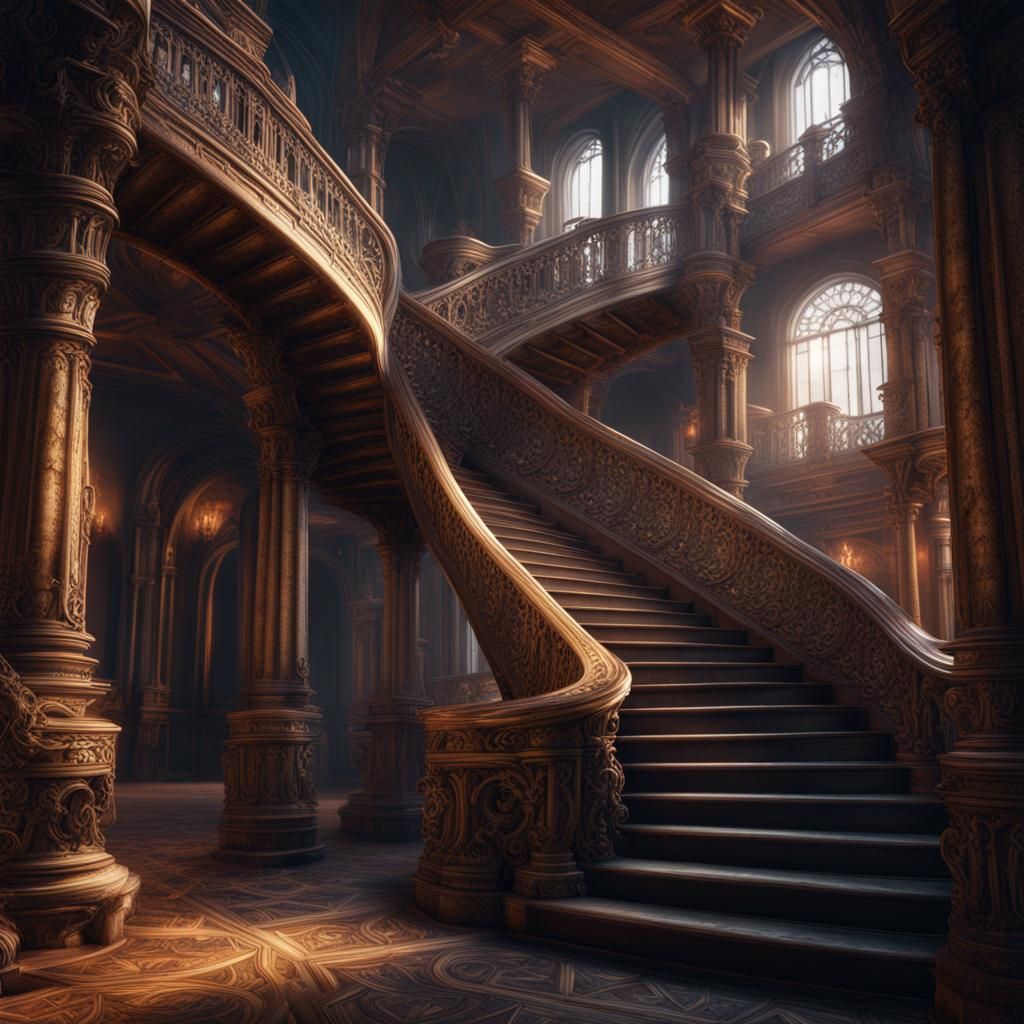 Intricate Staircases in Detailed Matte Painting Style