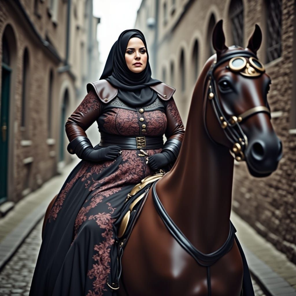 Steampunk Femme Chevalier Rides Majestic Mechanical Horse in...