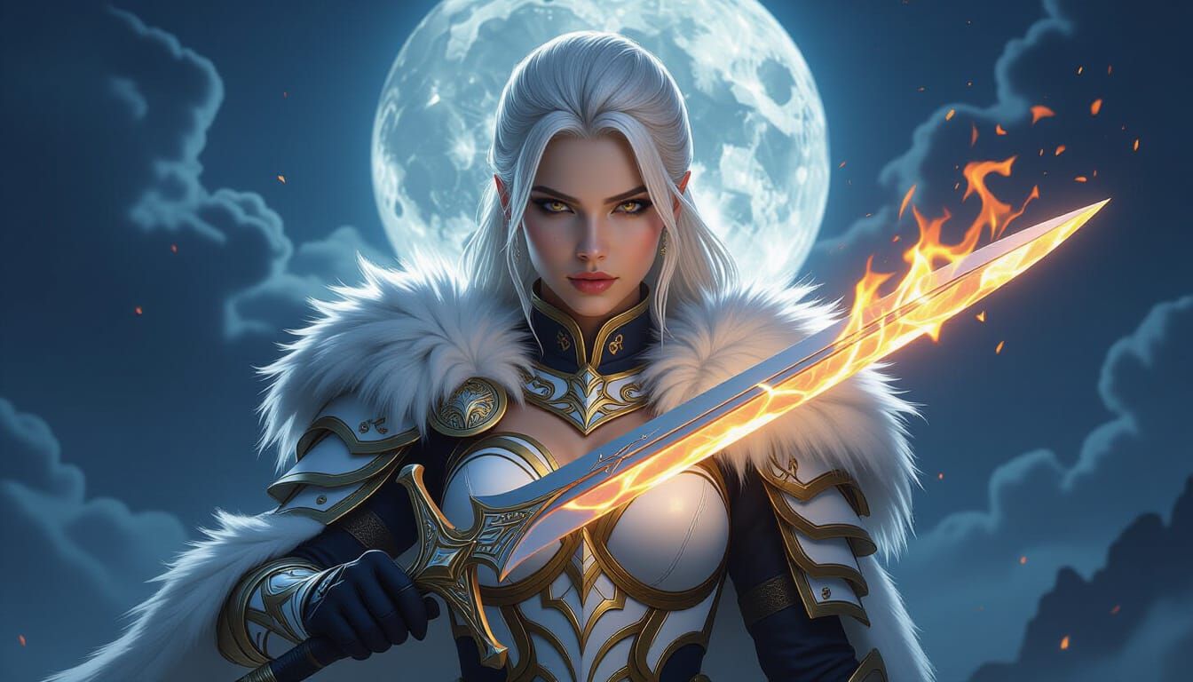 Beautiful Warrior with Flaming Sword in Moonlit Scene