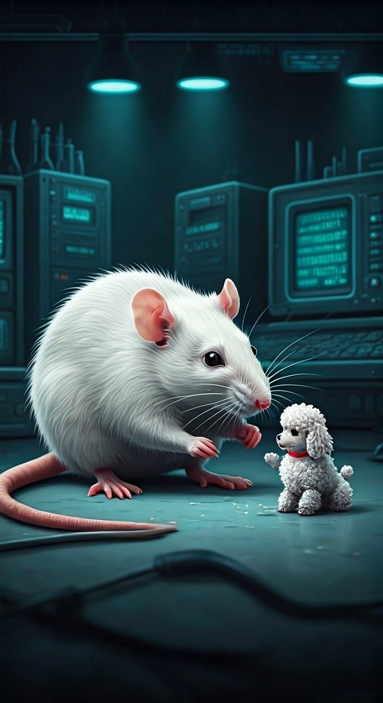 Rat Plays With Poodle in Laboratory, Watercolor Style