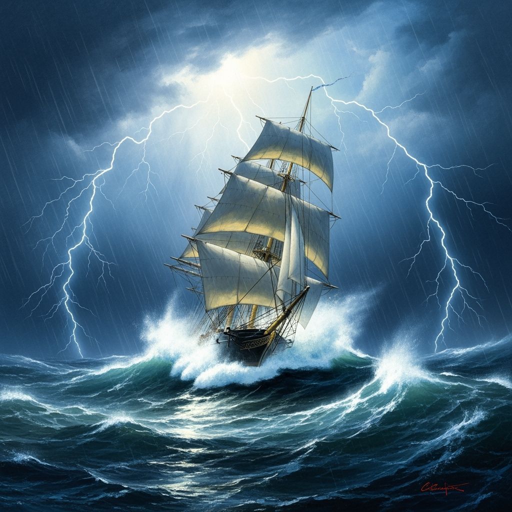 Majestic Tall Ship Battles Stormy Seas in Dramatic Painting