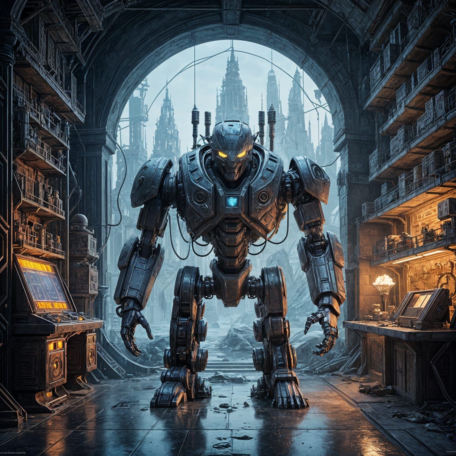 Robot Analyzing Glowing Mineral Sample in Futuristic Laborat...