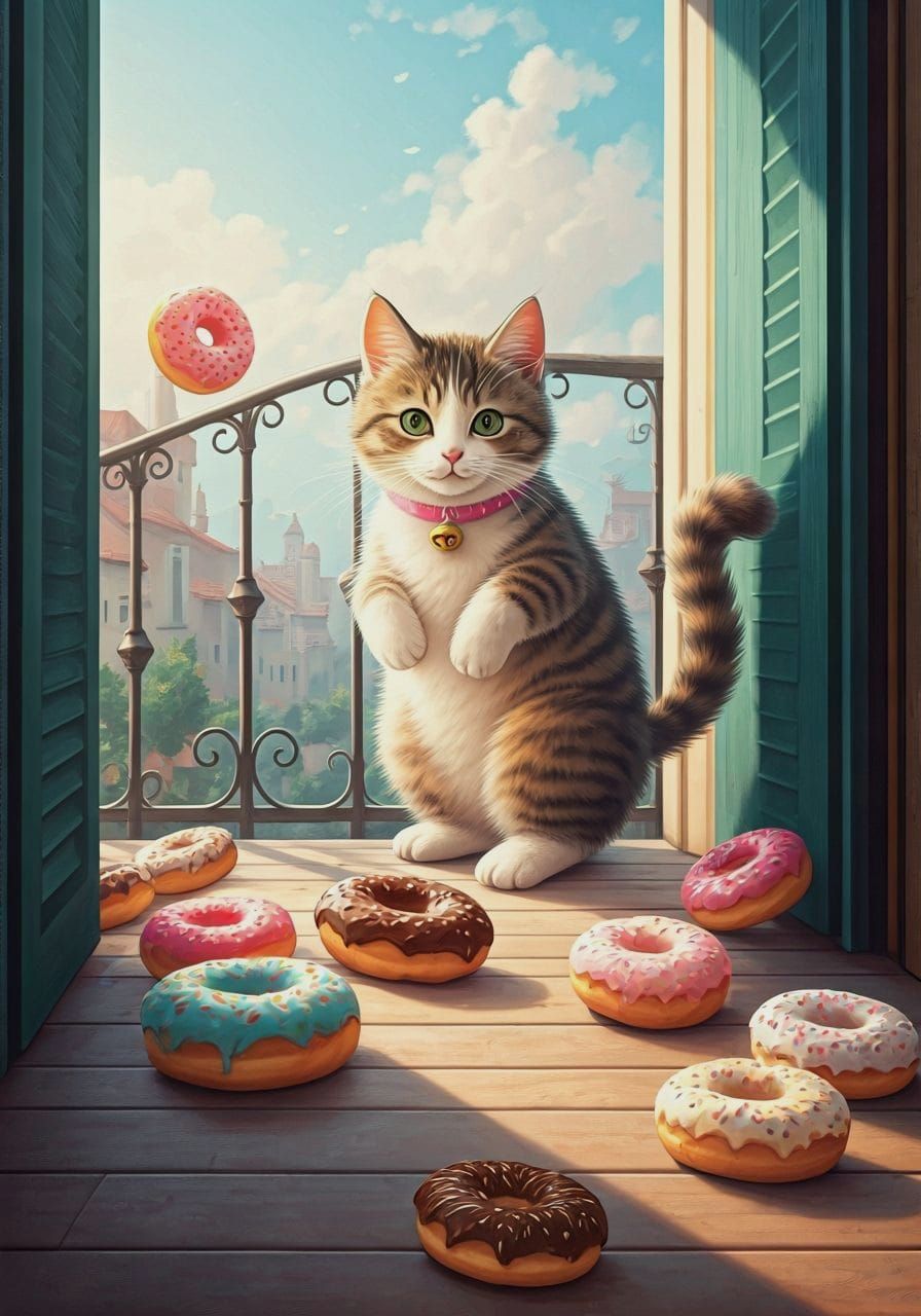 Cute Tabby Cat Pushes Donuts Off Balcony