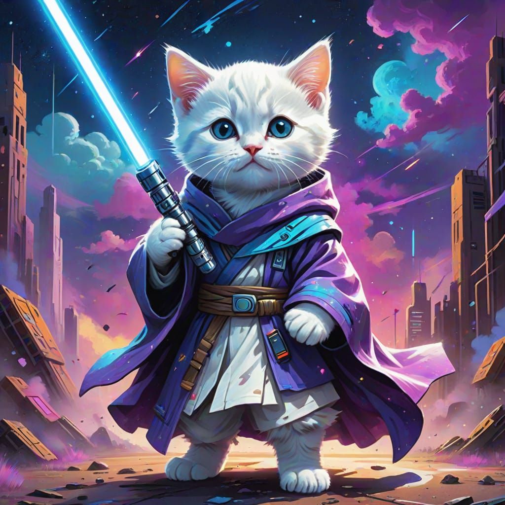 Whimsical Space Kitten Wields Glowing Lightsaber