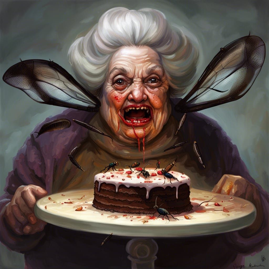 Sinister Grandmother Emerges from Insect Cake