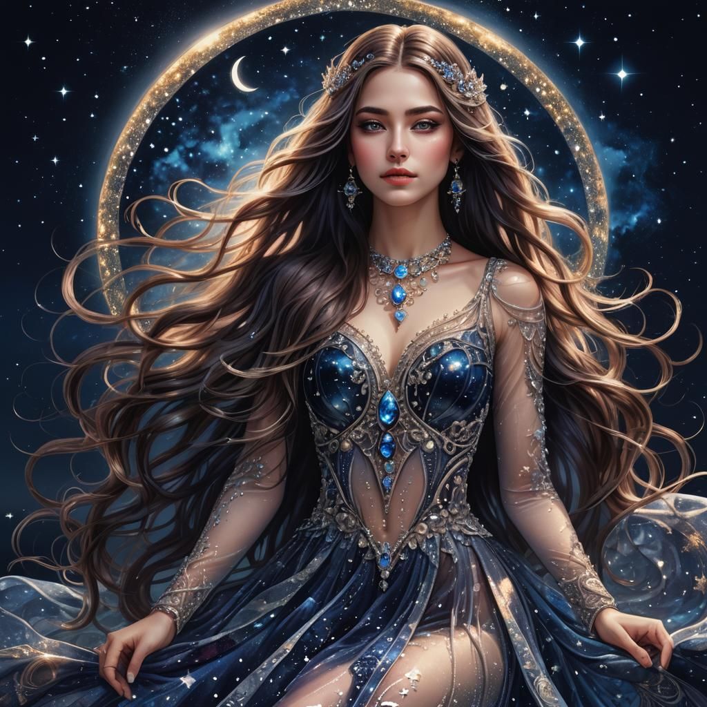 Woman in Glass Dress with Indigo Night Sky