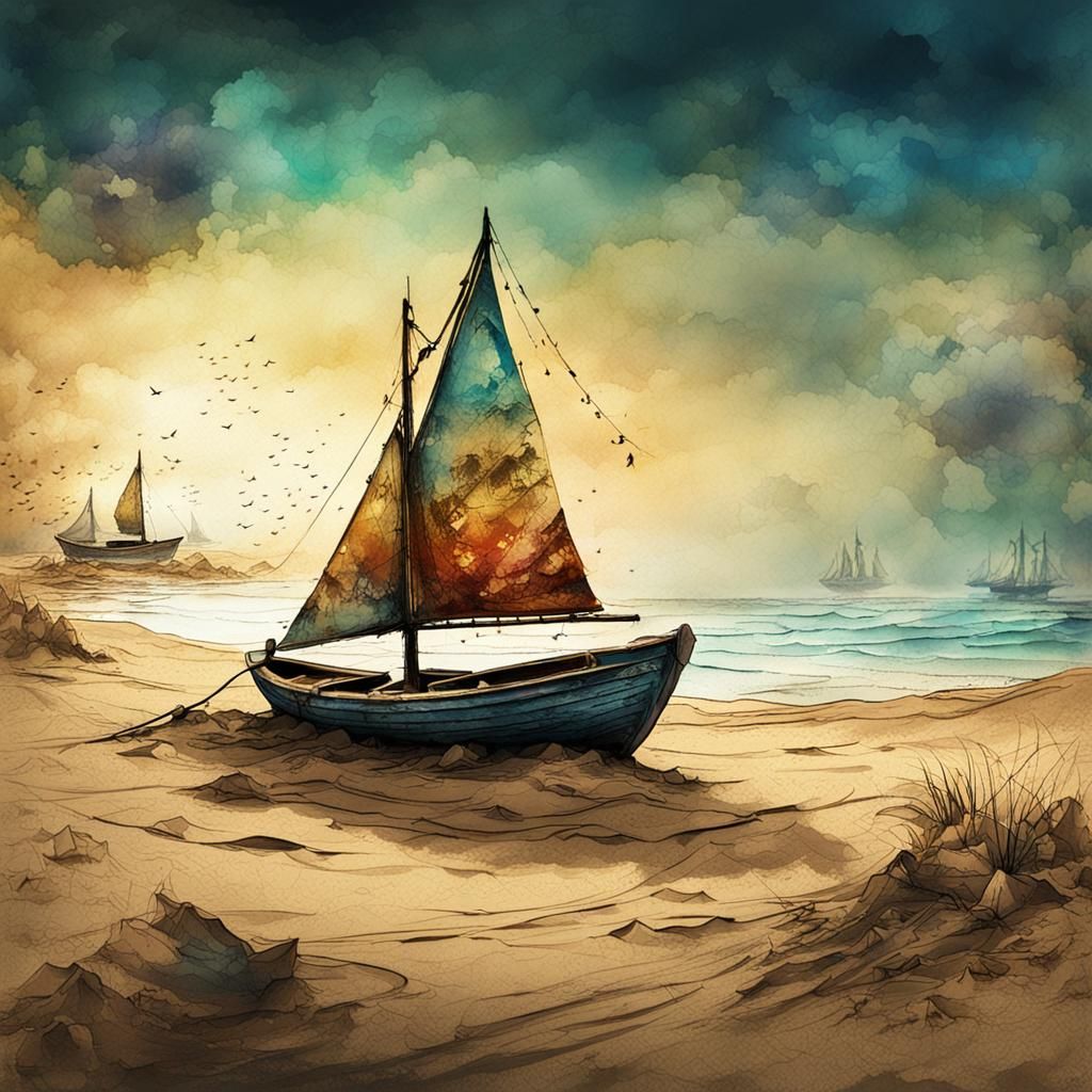 Sailboat on Sandy Beach in Ink Painting Style