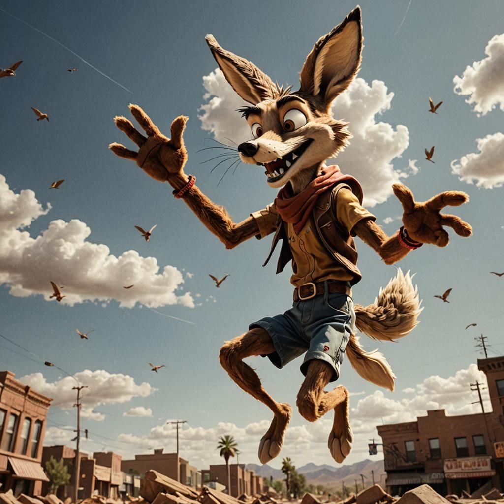 Hyperrealistic Wile E. Coyote Falling From Sky