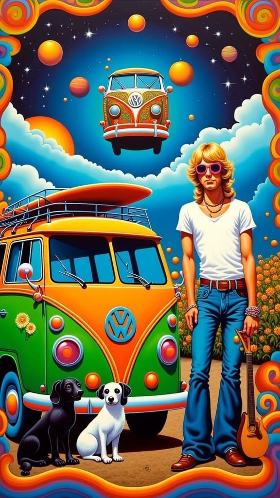 Hippie Chariot Driver in Psychedelic VW Van