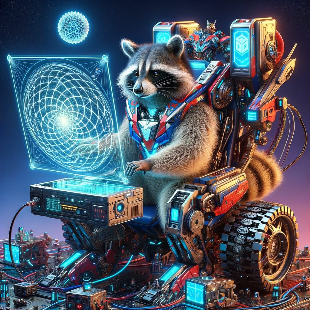Cyberpunk Android Raccoon Hacker in Futuristic Robot Lair