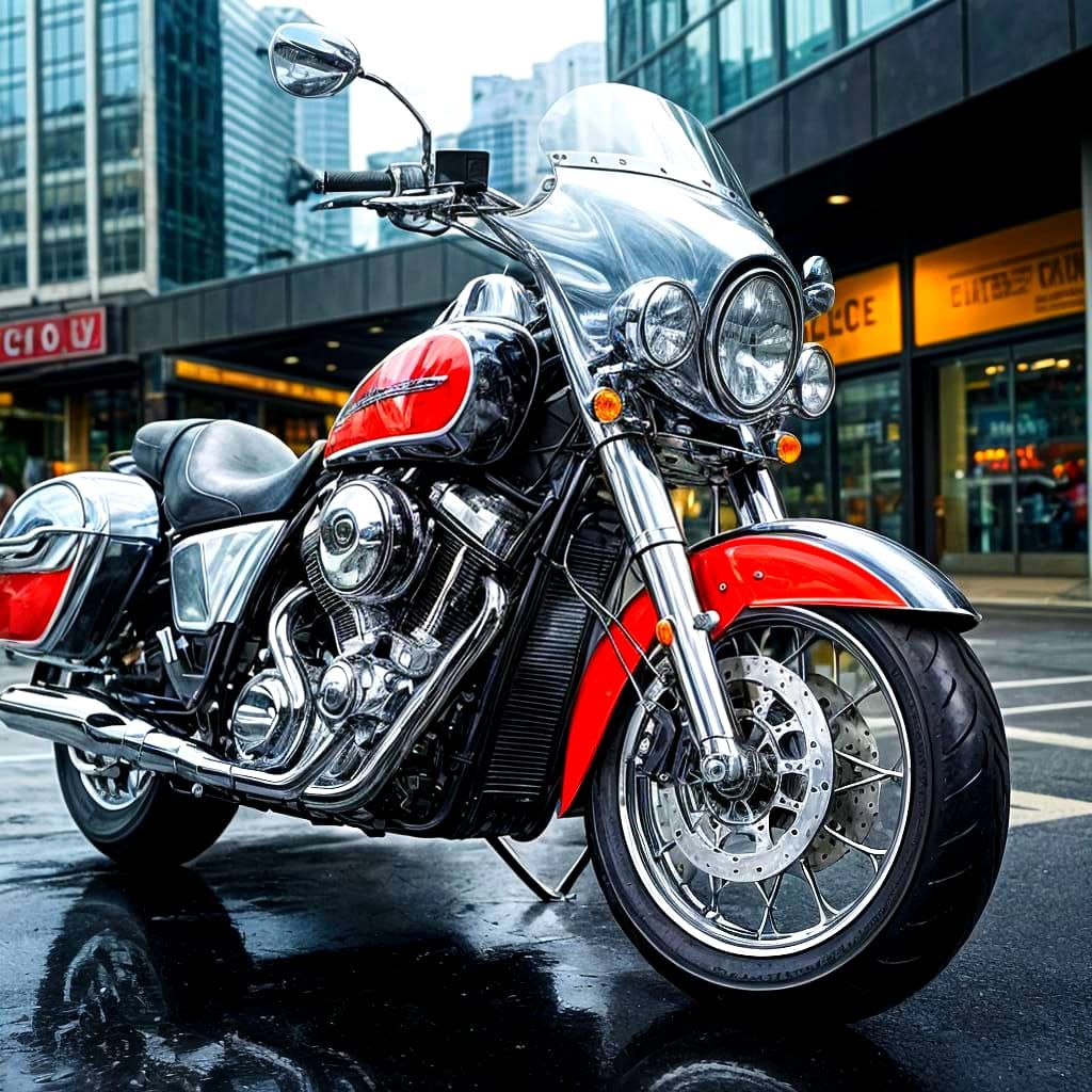 Chrome and Black Motorbike in Urban Landscape