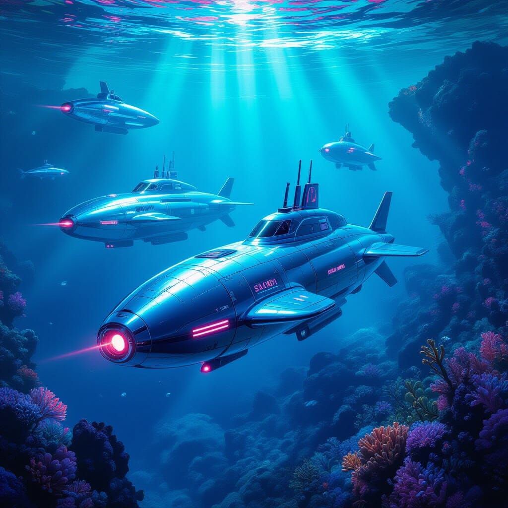 Futuristic Submarines in Bioluminescent Alien Ocean