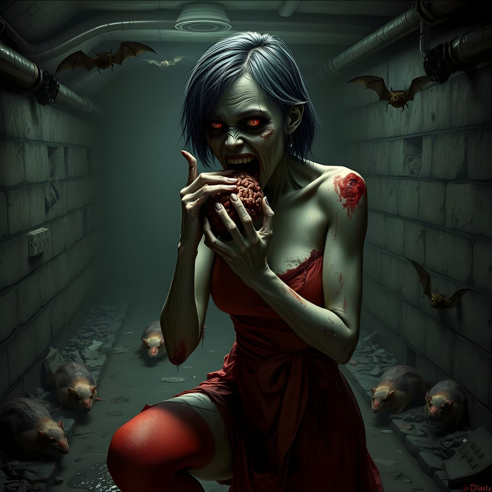 Decaying Zombie Maiden in a Dark Cellar