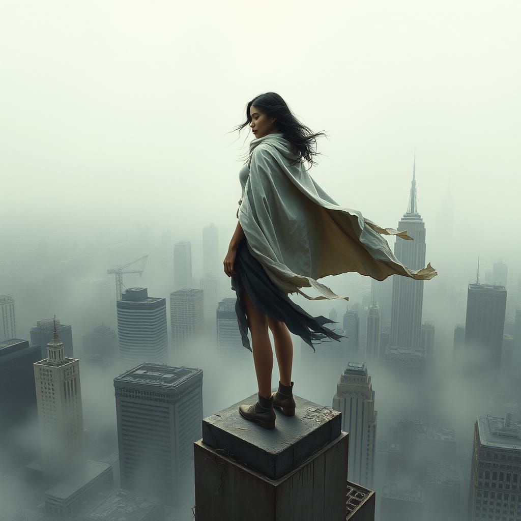 Ethereal Woman Overlooking Post-Apocalyptic Cityscape