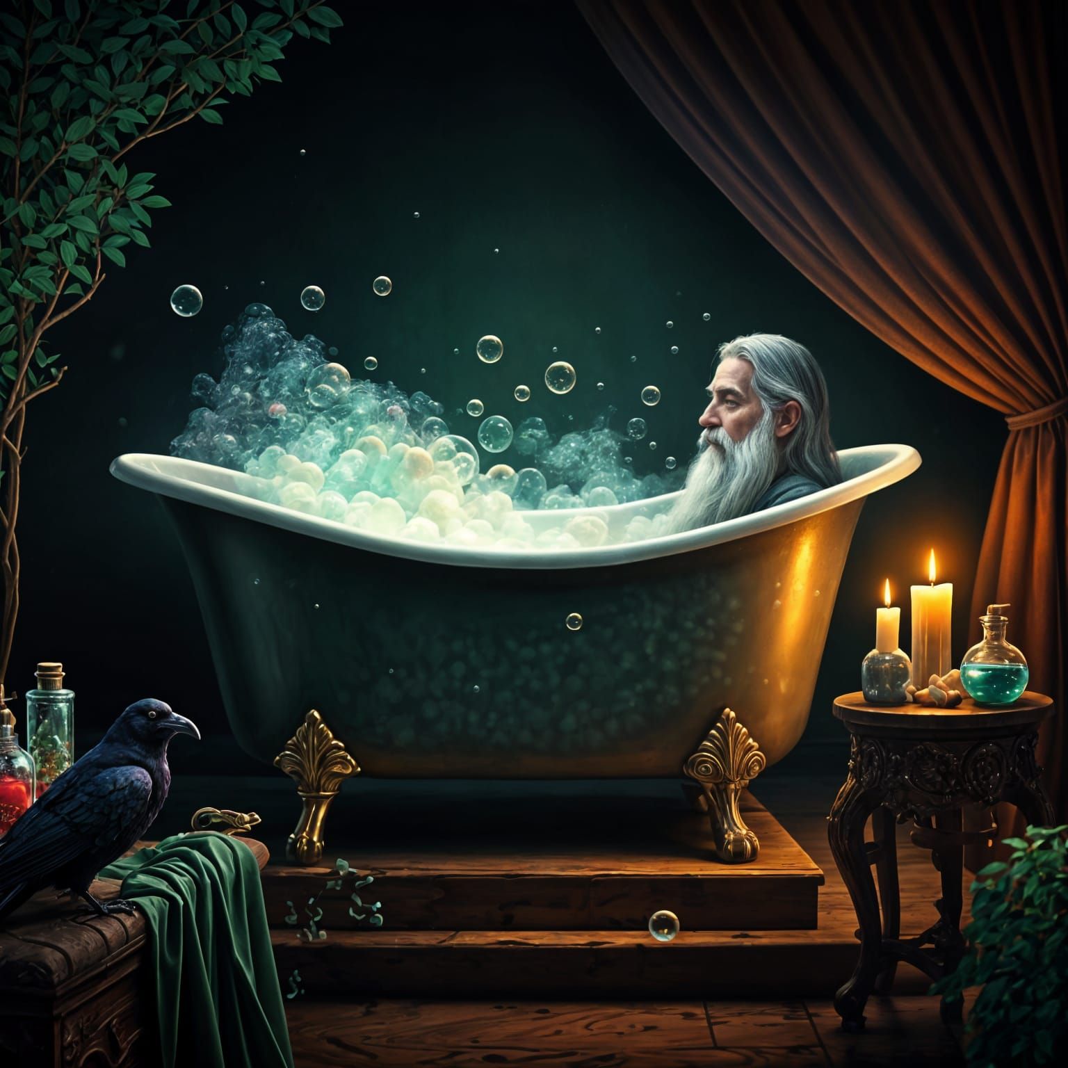 Mystical Wizard Soaks in Glowing Bath