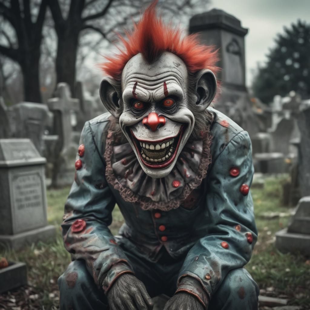 Creepy Zombie Monkey Clown in Cemetery